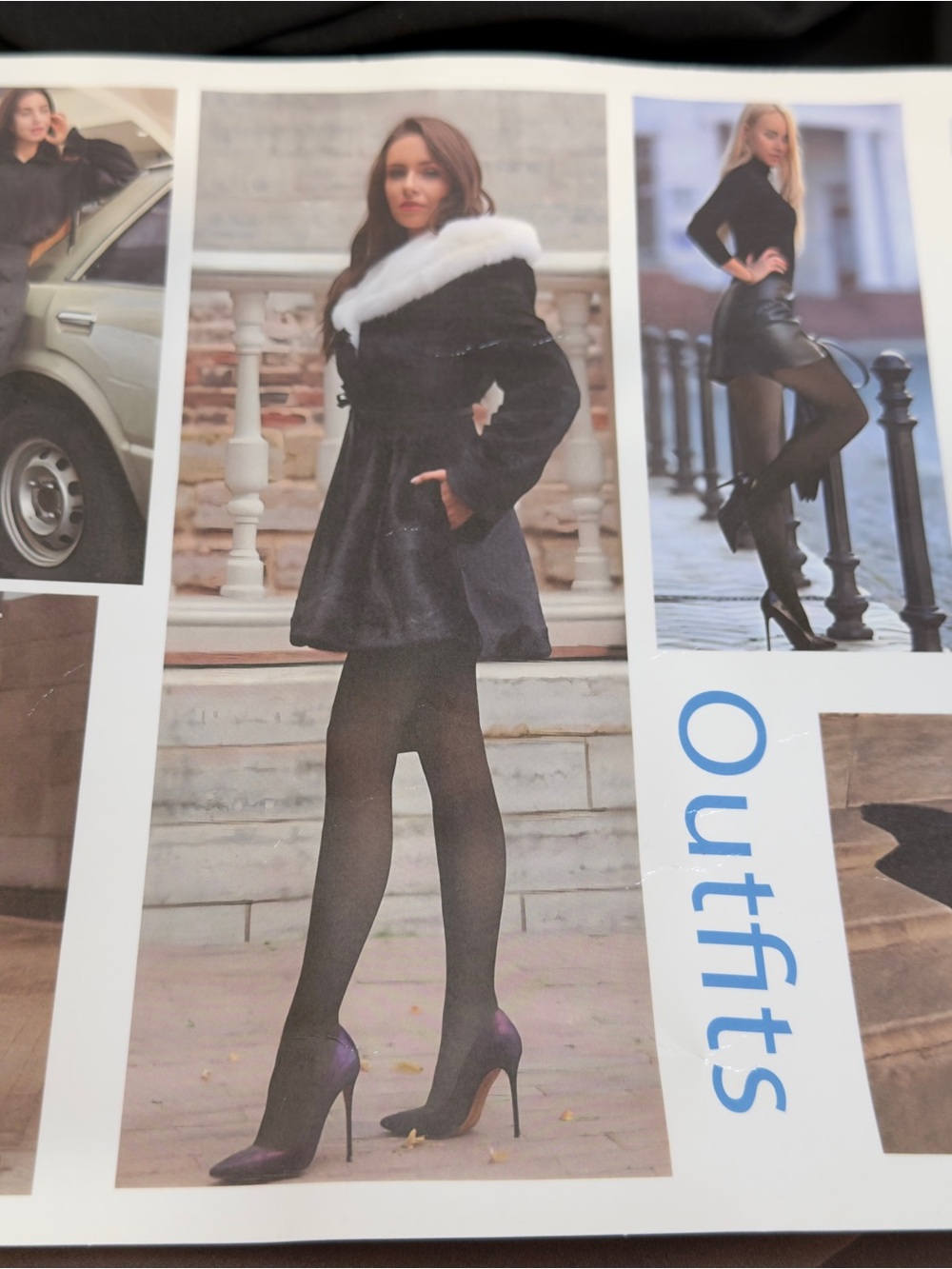 Black Coat with White Fur Trim and Black Hosiery
